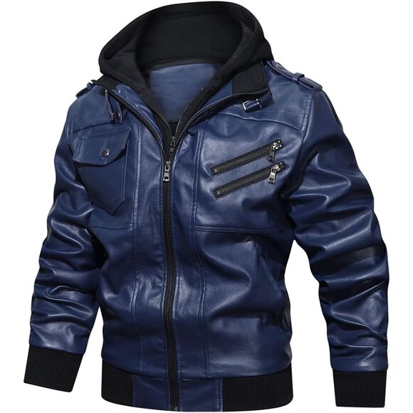 Men’s Navy Blue Stand Collar PU Faux Leather Bomber Jacket With a Removable Hood - Picture 4 of 6